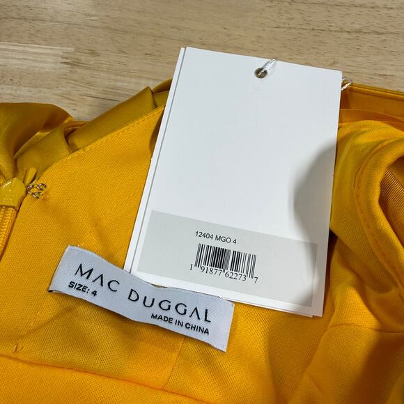 Mac Duggal NWT Yellow Faux Wrap Puff Shoulder Long Sleeve A-Line Gown Flaw* Sz 4 - Picture 6 of 12